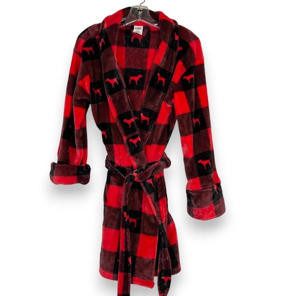 PINK Victoria's Secret Other - Victoria's Secret Pink Robe Red Black Checks Logo Gingham Buffalo Plaid